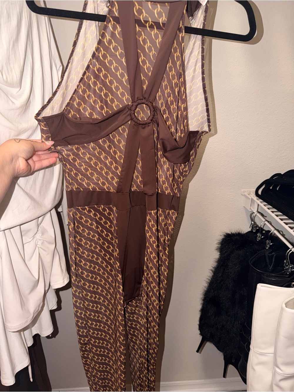 Fashion Nova Brown Chain-Print Halter Jumpsuit